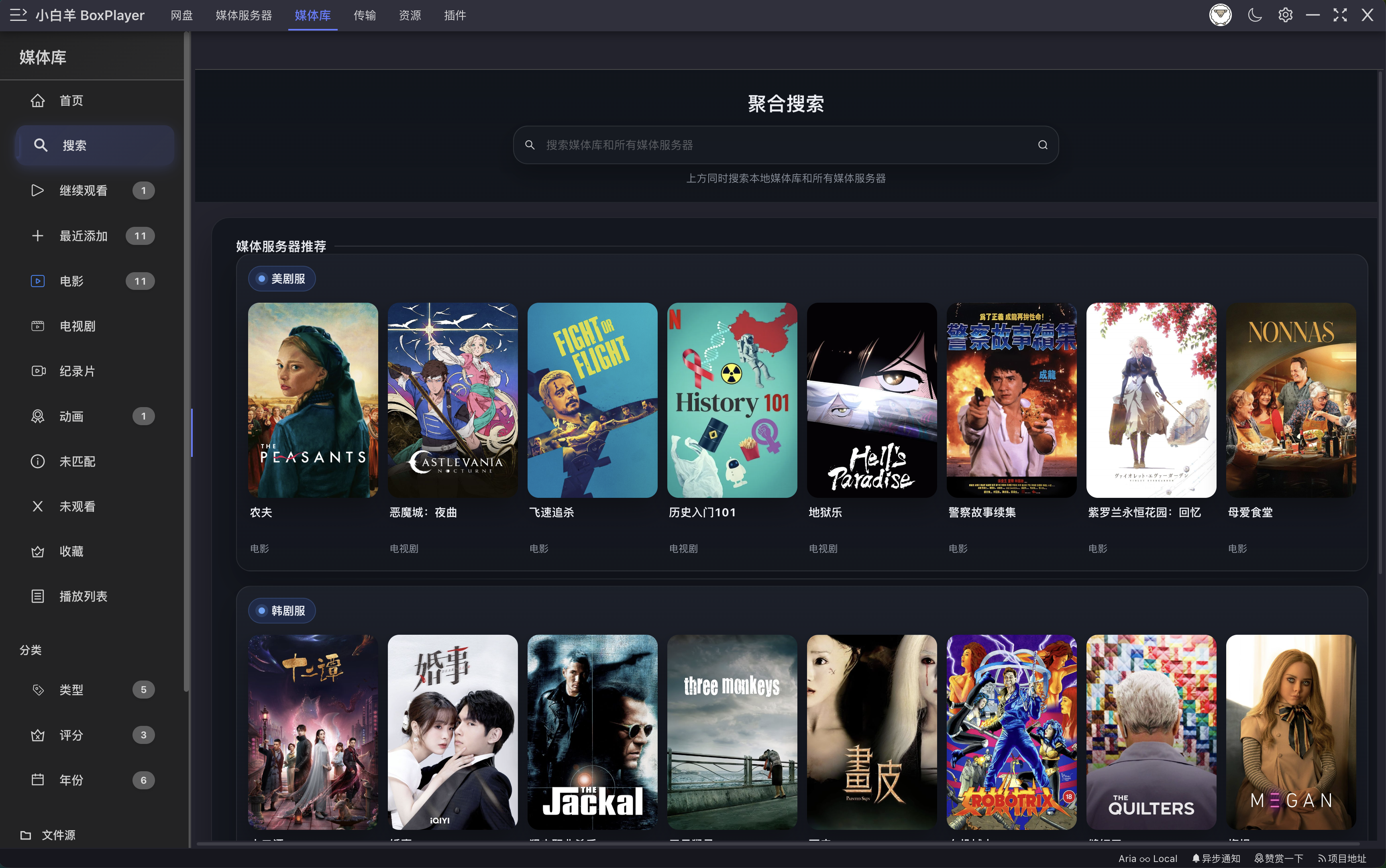 BoxPlayer media library with search and posters